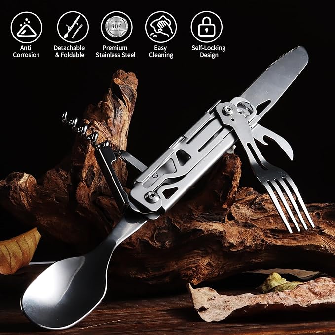 Camping Utensils, 6-In-1 Detachable Stainless Steel Camping Flatware Multi-tool kits with Spoon