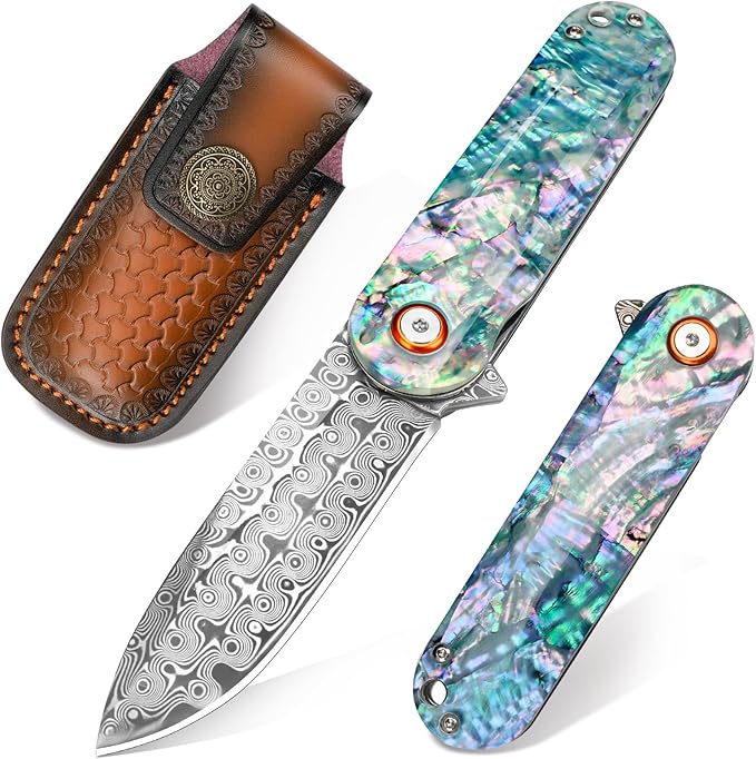 Damascus Pocket Knife with Sheath 2.95" Damascus Steel Blade Folding Knife with Abalone Shell