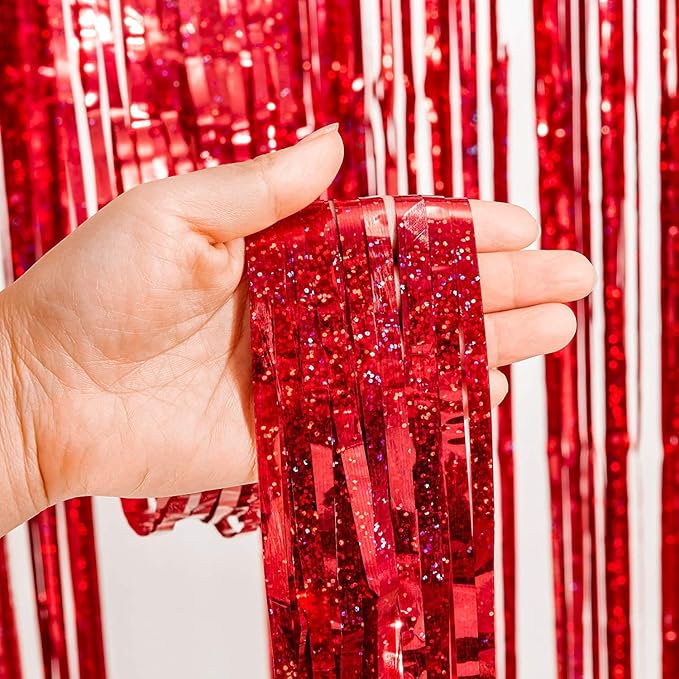 Foil Fringe Curtain 4th of July Decorations - Red Blue Metallic Tinsel Photo Booth Backdrop Party