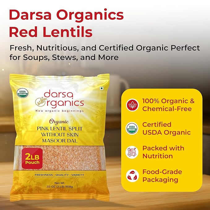 Darsa Organics Split Red Lentils (Masoor Dal) 2 lb |USDA Organic, Non-GMO, Gluten-Free Vegan