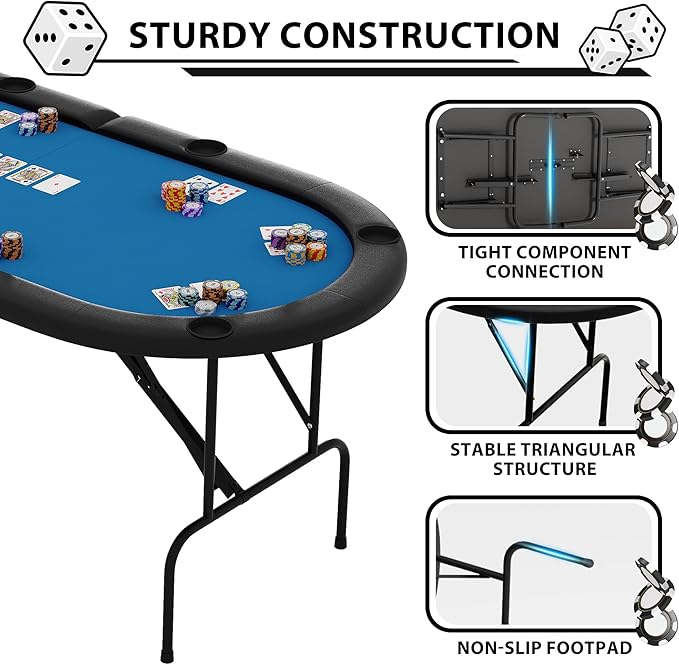 8 Player Foldable Poker Table, 71" Portable Folding Poker Game Tables with Collapsible Legs, Cup
