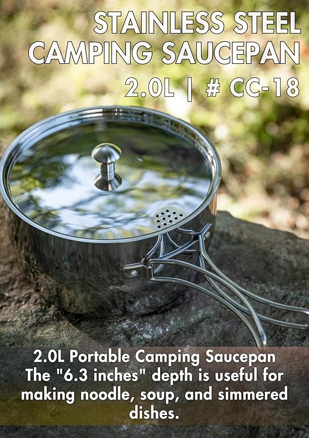 CAMPINGMOON 2 Quart Camping Saucepan 3-ply Stainless Steel Cooking Pot w/Lid Foldable Handle