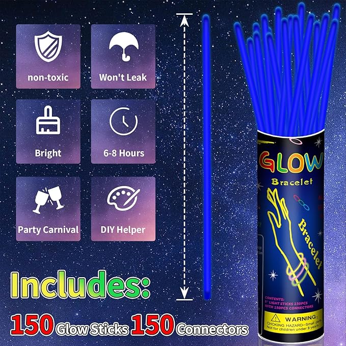 150 Pack 8” Blue Glow Sticks Bulk with 150 Connectors Neon Glow In The Dark Party favors Supplies