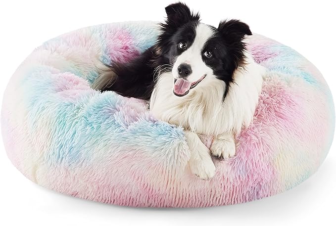 Bedsure Calming Dog Bed for Large Dogs - Donut Washable Large Pet Bed, Anti-Slip Round Fluffy Plush
