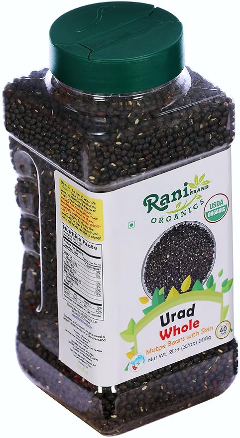 Rani Organic Urid/Urad Whole Black (Matpe Beans With Skin) Indian Lentils 32oz (2lbs) 908g PET Jar