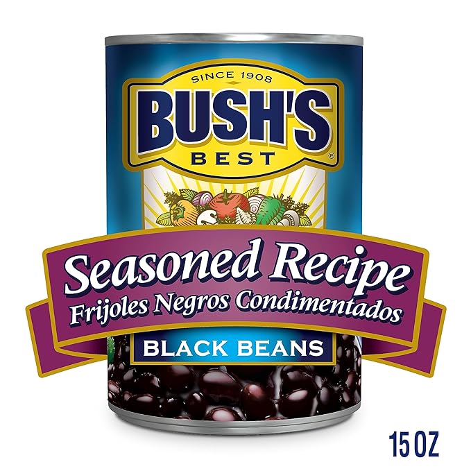 BUSH'S BEST 15 oz Canned Seasoned Recipe Black Beans, Source of Plant Based Protein and Fiber, Low