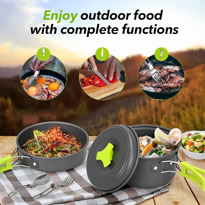 15pcs Camping Cookware Mess Kit,Non-Stick Lightweight Pots Set Portable Outdoor Cookware for