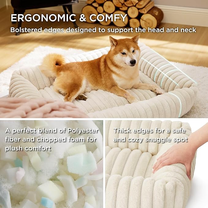 Bedsure Cute Dog Beds Large Sized Dog - Washable Furry Pet Beds, Rectangle Orthopedic Corduroy