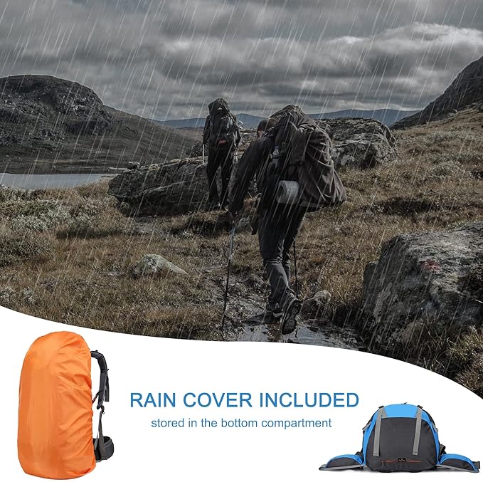 Loowoko 50L Hiking Backpack, Waterproof Camping Essentials Bag with Rain Cover, 45+5 Liter