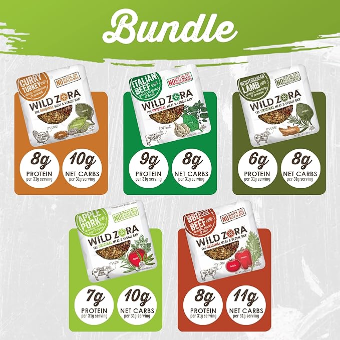 Wild Zora Meat & Veggie Bars, Variety 5-Pack, Natural Pork, Beef, Lamb, & Turkey Jerky Snacks