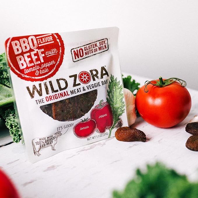 Wild Zora Meat & Veggie Bars, BBQ Beef, 10-Pack, 100% Grass Fed Beef, Healthy Jerky Paleo Snacks