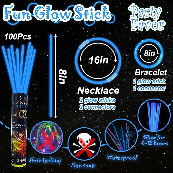 ILHSTY 100 pk 8'' Blue Glow Sticks Glow Necklaces In The Dark Party Favor Supplies Bright