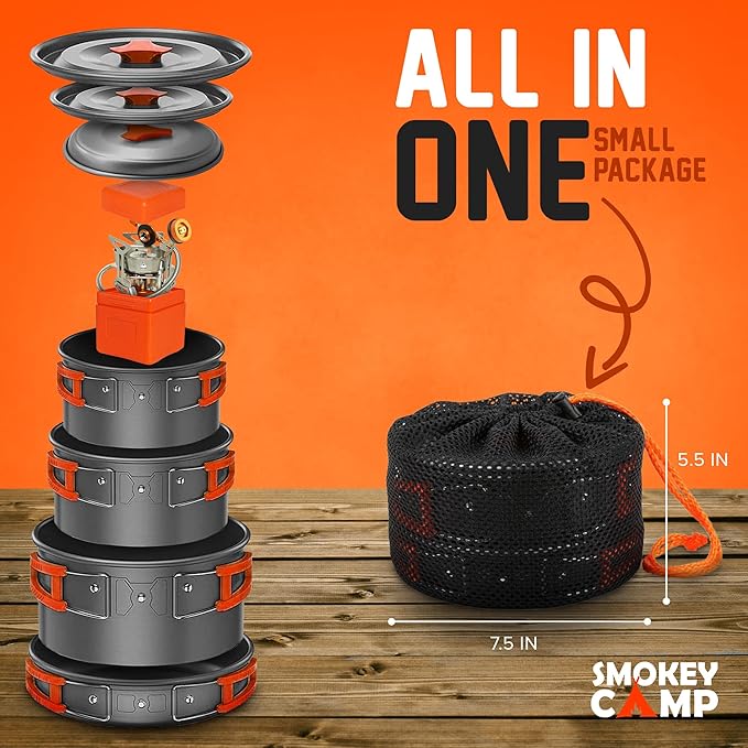 Camping Cookware Mess Kit Set with Stove - Backpacking Camping Pots and Pans Set, All in One