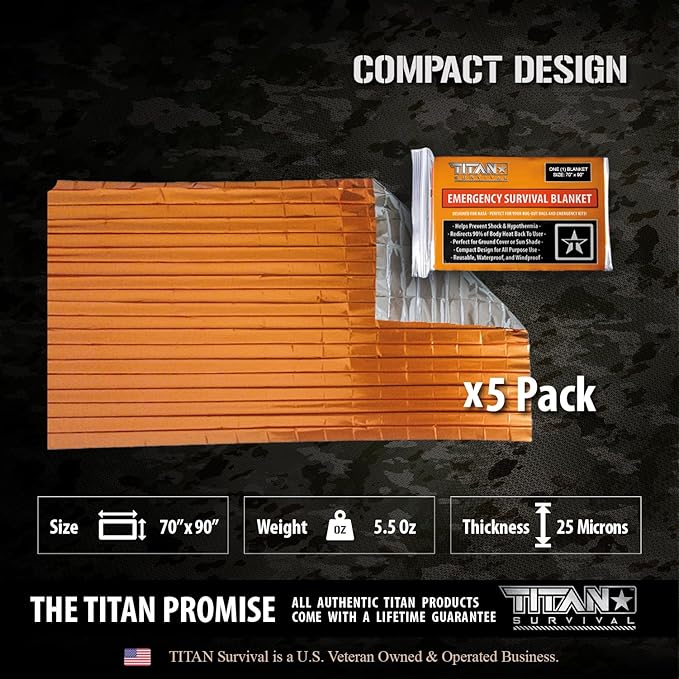 TITAN Survival - Mylar Survival Blankets 5 Pack - 90% Heat Retention & Waterproof Design