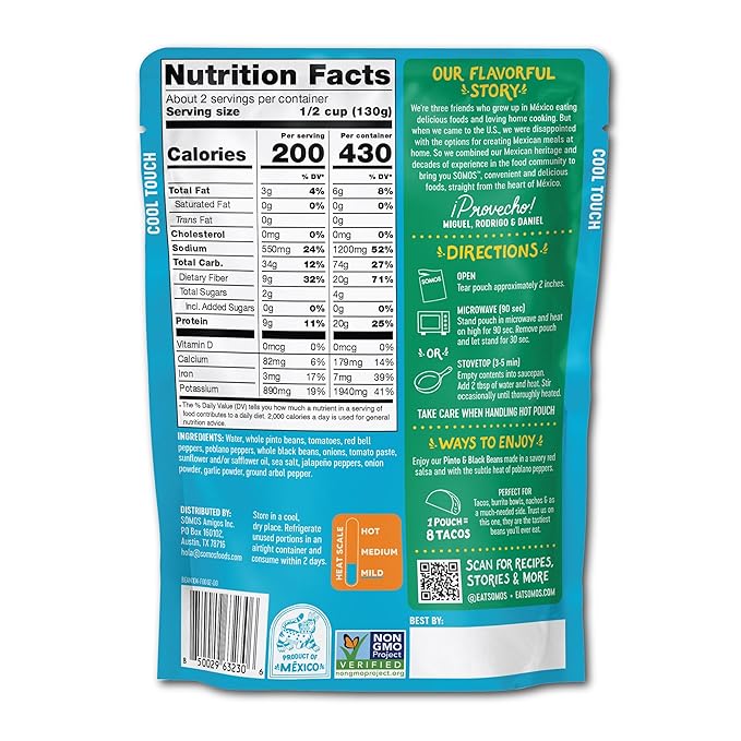 SOMOS Pinto & Black Beans - Gluten Free, Non-GMO, Vegan Ready-to-Eat Microwavable Meals