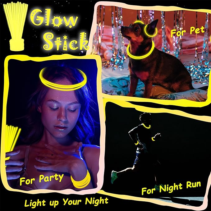 100 pk 8" Yellow Glow Sticks Bulk Party Favors, Light up Glow Necklaces & Bracelets in the Dark