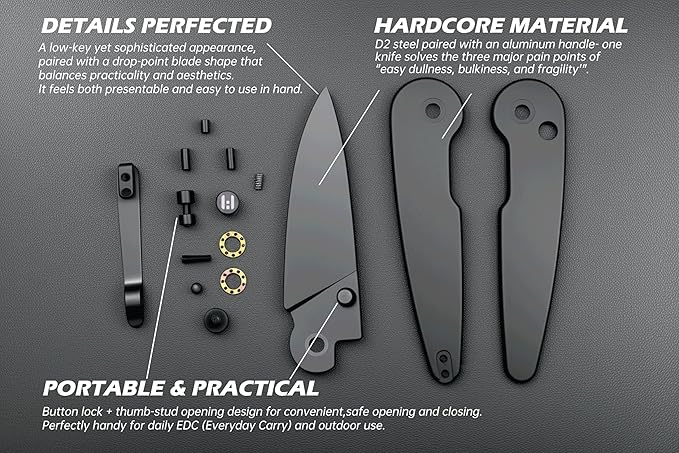 Hightron Birdidi Folding Knife, 2.91" Drop-Point D2 Blade Aluminum Handle, Pocket Knife with Pocket