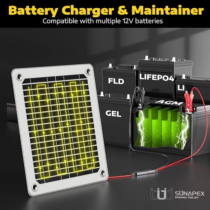 SUNAPEX Solar Battery Charger Maintainer, 5W 12V Portable Waterproof Solar Panel Trickle Charger