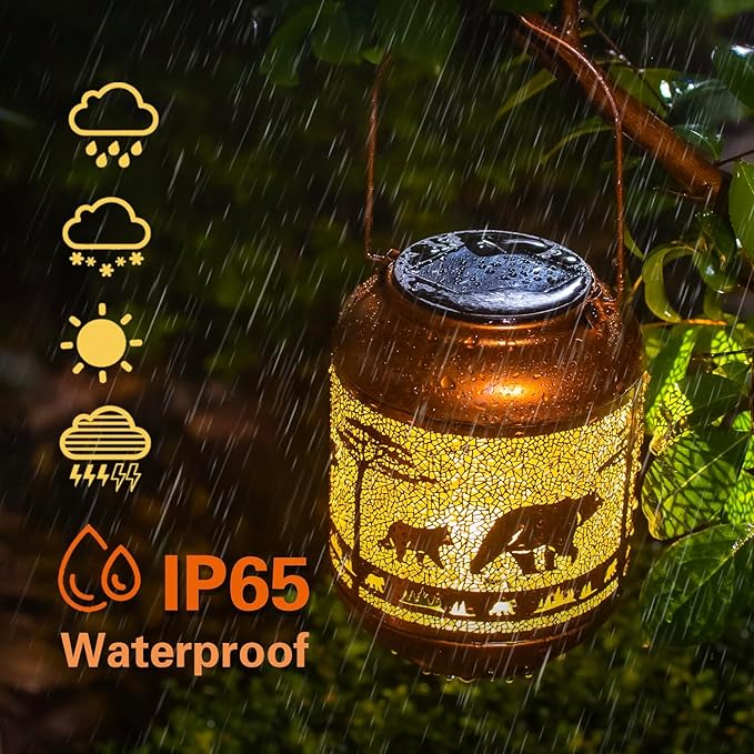 Bear Solar Lanterns Outdoor Waterproof,Hanging Solar Lights Bear Gifts for Women Men Metal LED