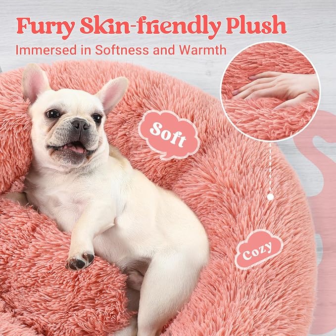 rabbitgoo Dog Bed for Small, 24 inches Machine Washable, Fluffy Donut Pet Bed Anti-Slip, Calming