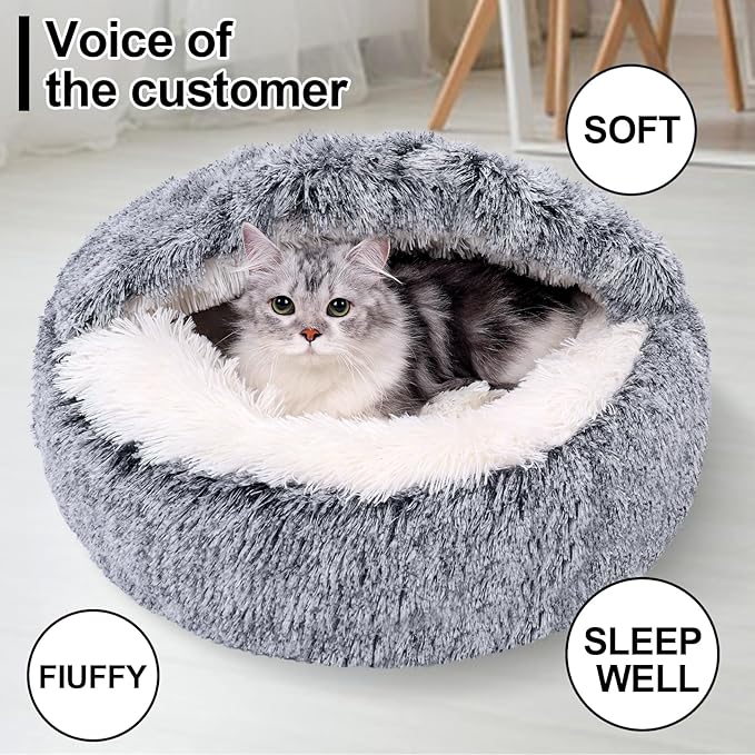 Calming Dog Beds & Cat Cave Bed with Hooded Cover,Removable Washable Round Beds for Small Medium