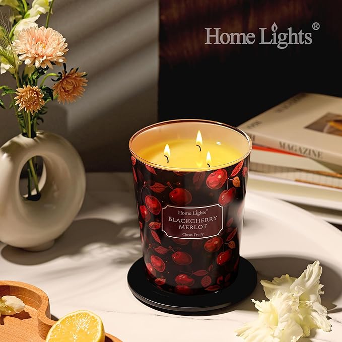 HomeLights Soy Wax Candles for Home Scented, 3-Wick Candles in Blackcherry Merlot Scented