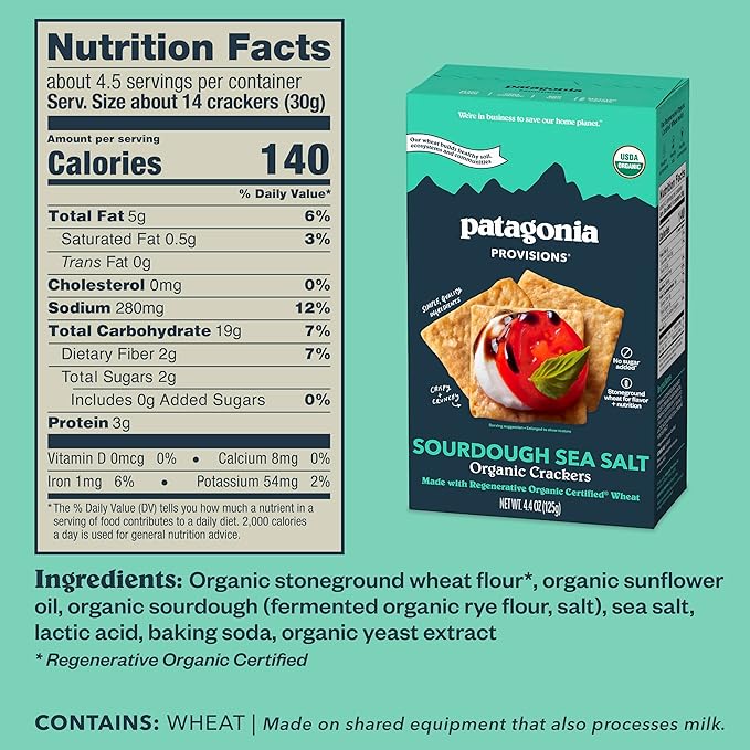 Patagonia Provisions Organic Sourdough Sea Salt Crackers – 3g Plant Protein Per Serving – Made with