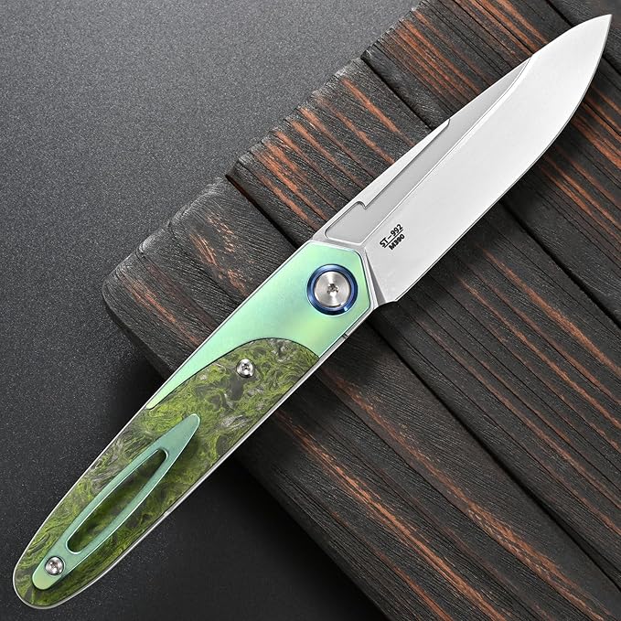 Sitivien ST992 Folding Pocket Knife,Handmade M390 Pearlescent Brushed Steel Blade,Titanium Carbon