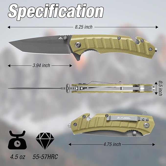 FLISSA Folding Pocket Knife, Tactical Knife with Liner Lock, Tanto Blade, Pocket Clip, Glass