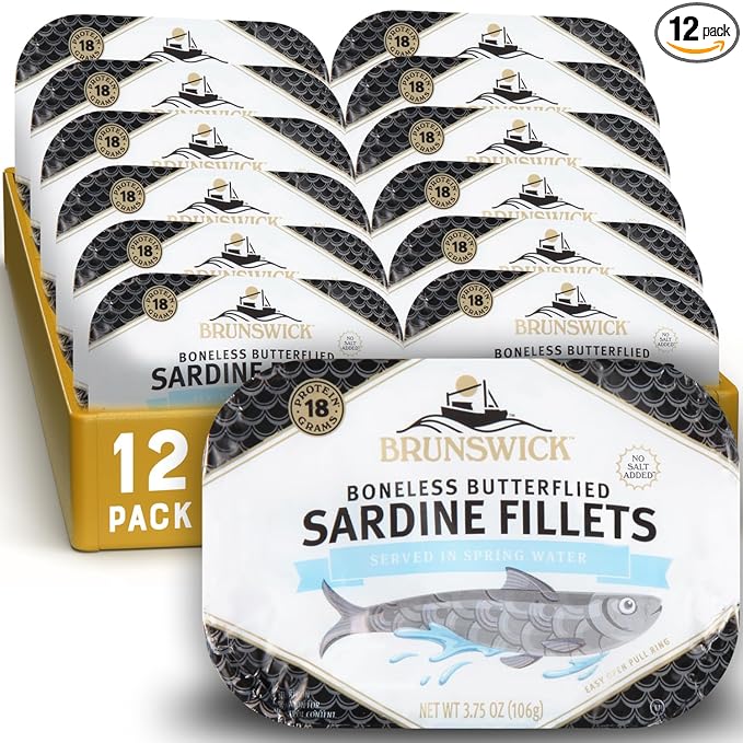 Brunswick Sardines in Spring Water, 3.75 oz Can (Pack of 12) - Boneless Butterflied Sardine Fillets
