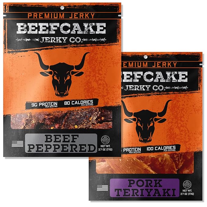 BEEFCAKE Jerky Pork Lover Variety Pack, Beef Jerky Signature Beef Peppered & Asian-Style Pork