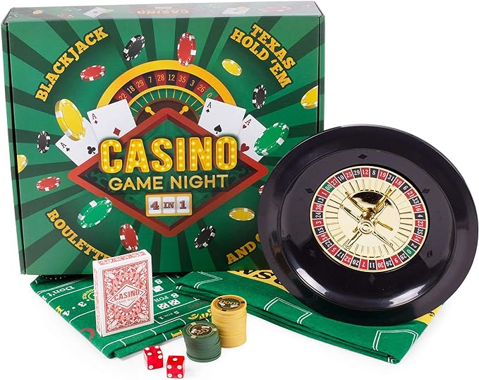 Brybelly Casino Night 4-in-1 Complete Game Set with Felts, Wheel, 100 Chips, Dice & Cards for