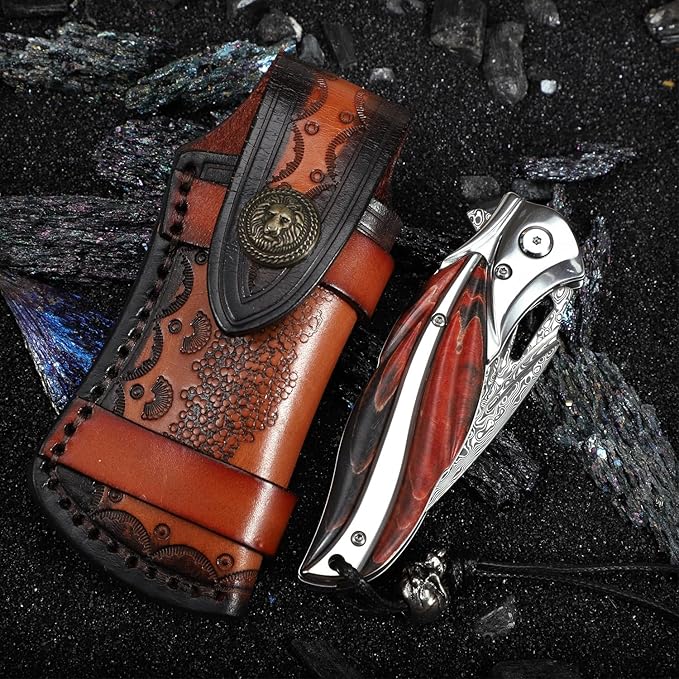 Handmade Japanese VG10 Damascus steel Folding Pocket Knife，With leather case，Liner Lock，3.1in high