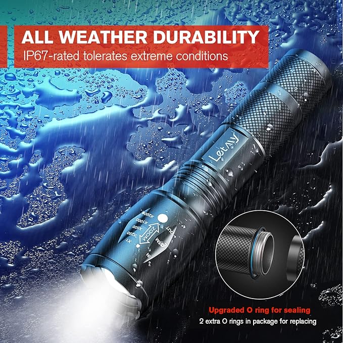 LETMY LED Tactical Flashlight S2000 [4 Pack] - High Lumens, Zoomable, 5 Modes, Waterproof Handheld