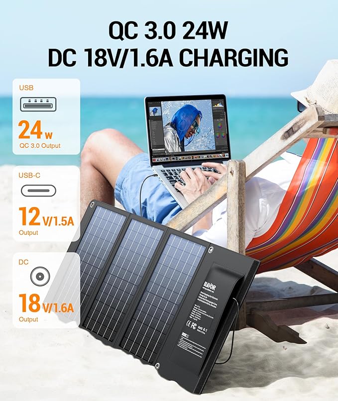 BLAVOR 30W Solar Charger USB-A QC3.0 24W USB-C DC 30W Outputs, Foldable Solar Panel for Camping