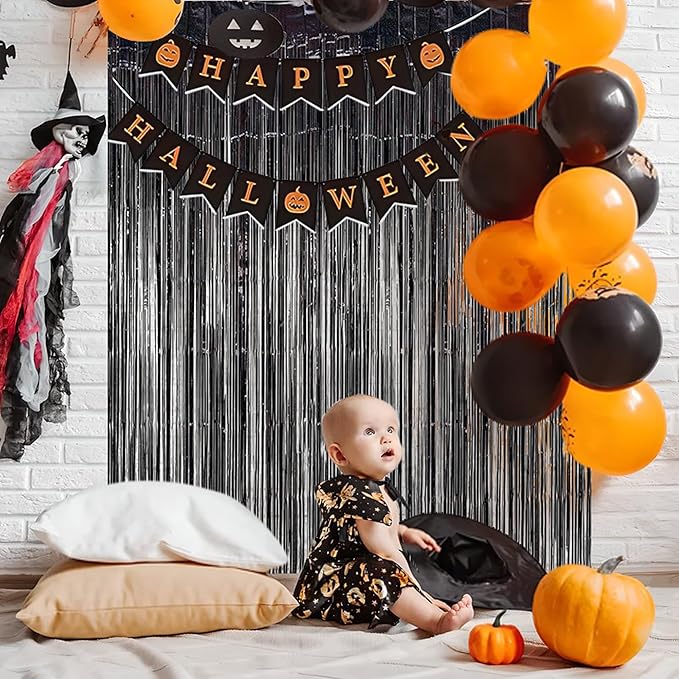 BRAVESHINE Black Halloweens Party Foil Fringe Curtains - 2 Pack Metallic Tinsel Photo Booth