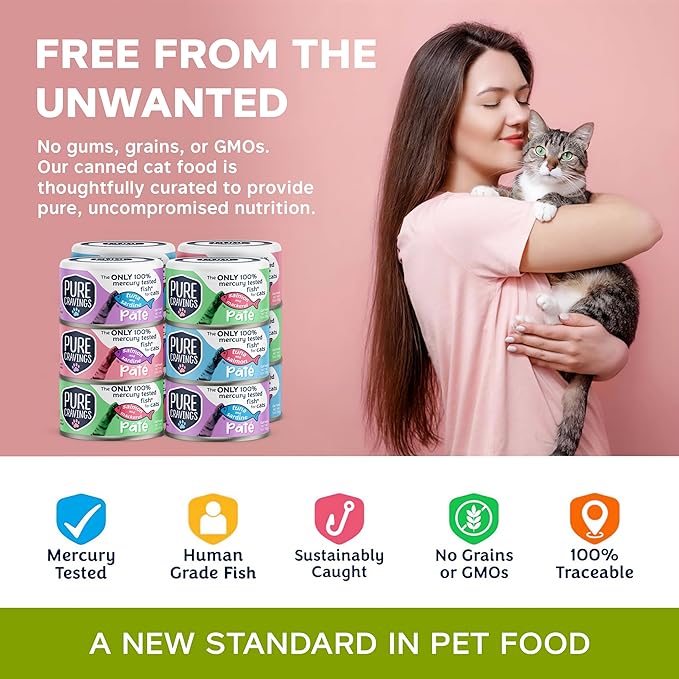 Pure Cravings Pate, Canned Wet Cat Food, 100% Mercury-Tested, Moist Can Fish, Grain-Free Protein