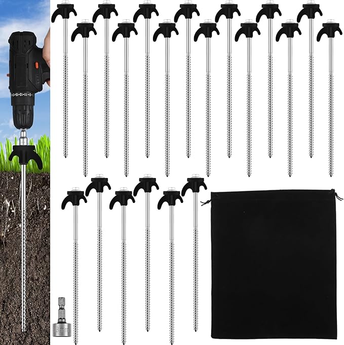 JaGely 20 Pcs 12 Inch Tent Stakes Screw in Camping Stake Heavy Duty Metal Spikes Ground Anchor Peg