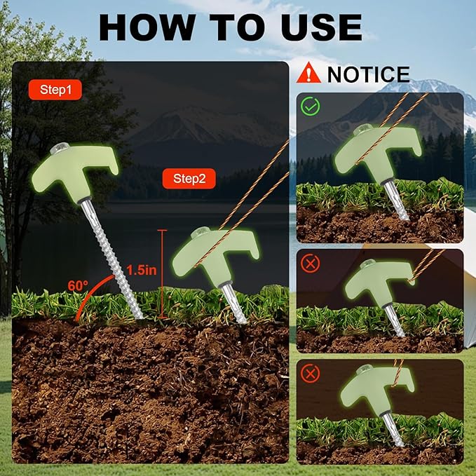 4 Pcs Tent Stakes Heavy Duty, 8 in Ground Anchors Screw in, Grow in The Dark Screw in Tent Stakes