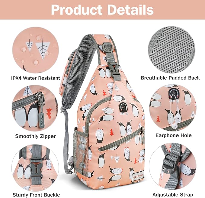 ZOMAKE Sling Bag, Penguin Pink, Nylon, 5 Separate Compartments, 10" iPad Compartment, Anti-Theft