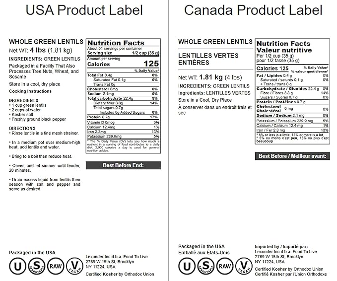 Food to Live - Whole Green Lentils, 4 Pound Dried Raw Lentils, Sproutable, Kosher, Vegan. Rich in