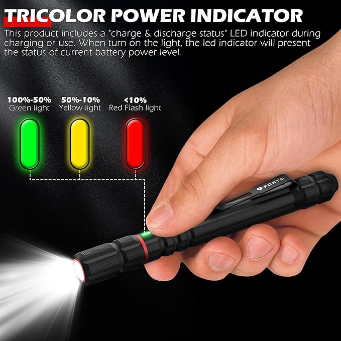 FORTO Rechargeable Pen Light Flashlight, 400 Lumens Small Pocket Flashlight with Clip, IP67