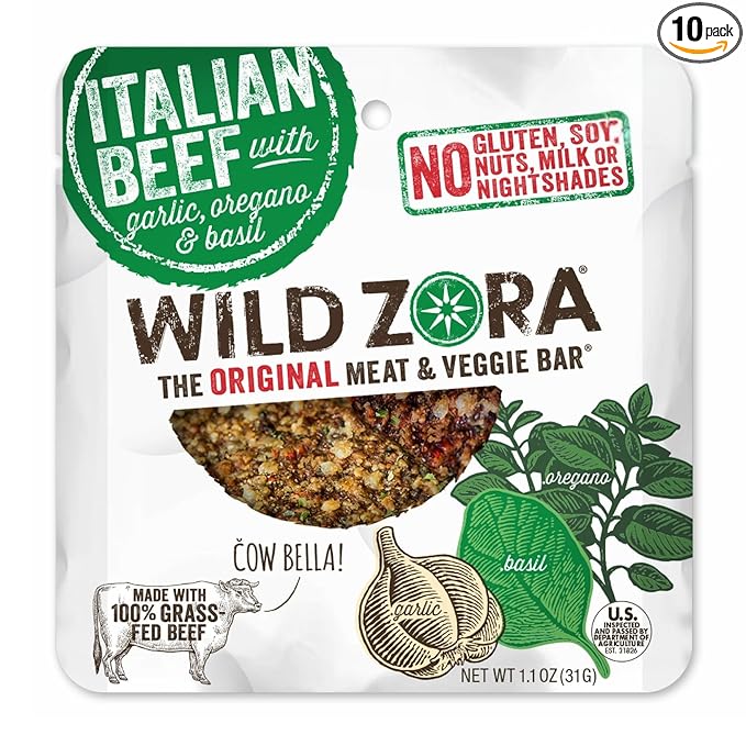 Wild Zora Meat and Veggie Bars, Italian Beef, 10-Pack, 100% Grass Fed Meat, Healthy Paleo Snacks