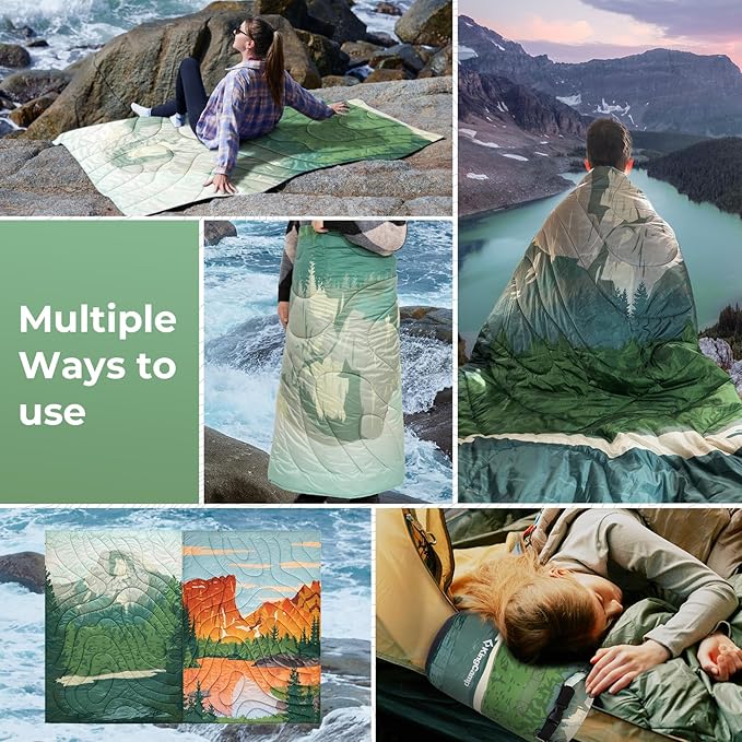KingCamp Ultralight Camping Blanket, Packable Down Alternative Puffy Printed Wearable Blanket with