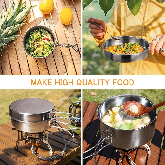Lixada Camping Cookware Set, 4PCS Portable Stainless Steel Camp Cook Set, Lightweight Stackable