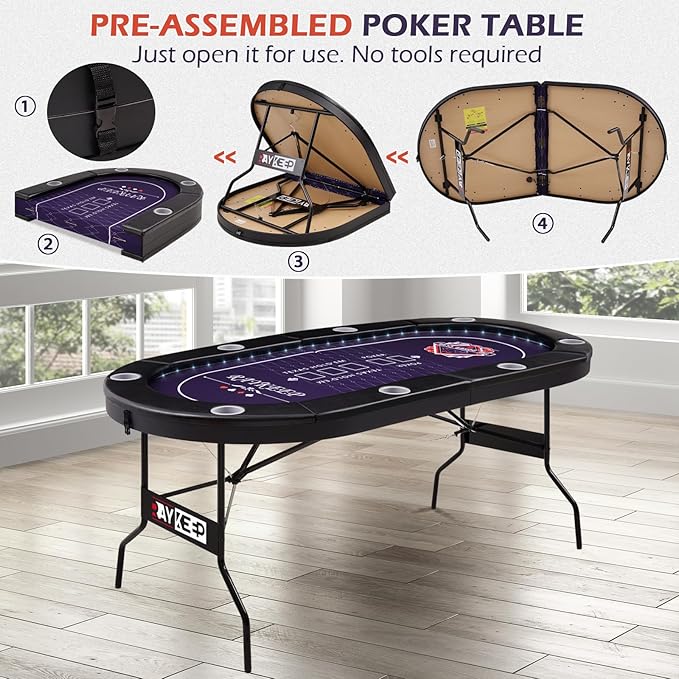 71" LED Poker Table - 8 Player Foldable Texas Hold'em Table with Built-in LED Lights, Padded Rails
