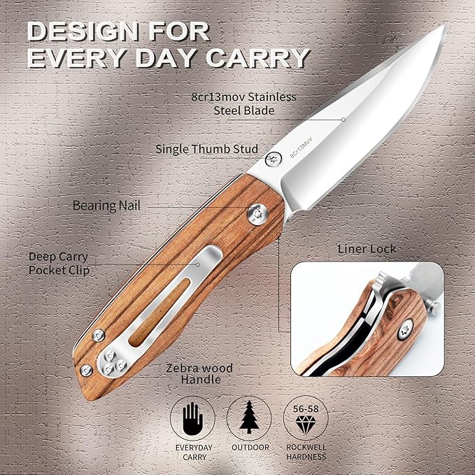 Vickay Folding Pocket Knife with Clip, 2.95" 8Cr13MoV Steel Blade, Wood Handle EDC Knife for Men &