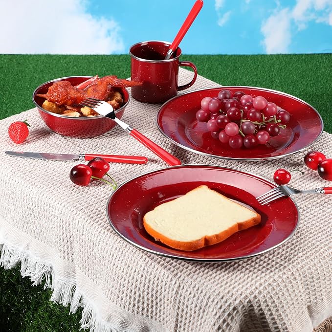 Nuogo 48 Pcs Enamel Camping Tableware Includes 12 oz Coffee Mugs 10.5 Inch Camping Plates 6 Inch