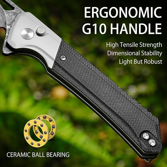 NedFoss ELF Damascus Pocket Knife for Men, 3.3" Button Lock EDC Folding Knife with G10 Handle
