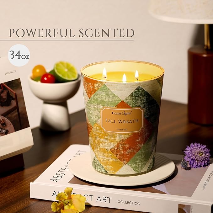 HomeLights Large jar Candle | 3-Wick Long-Lasting Scented Candles, 34oz Natural Soy Wax Candle for